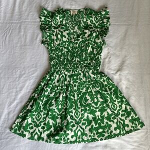 Dizzy Lizzy Dress Women's S Green White Ikat Fit Flare Ruffle Sleeve Mini Boho